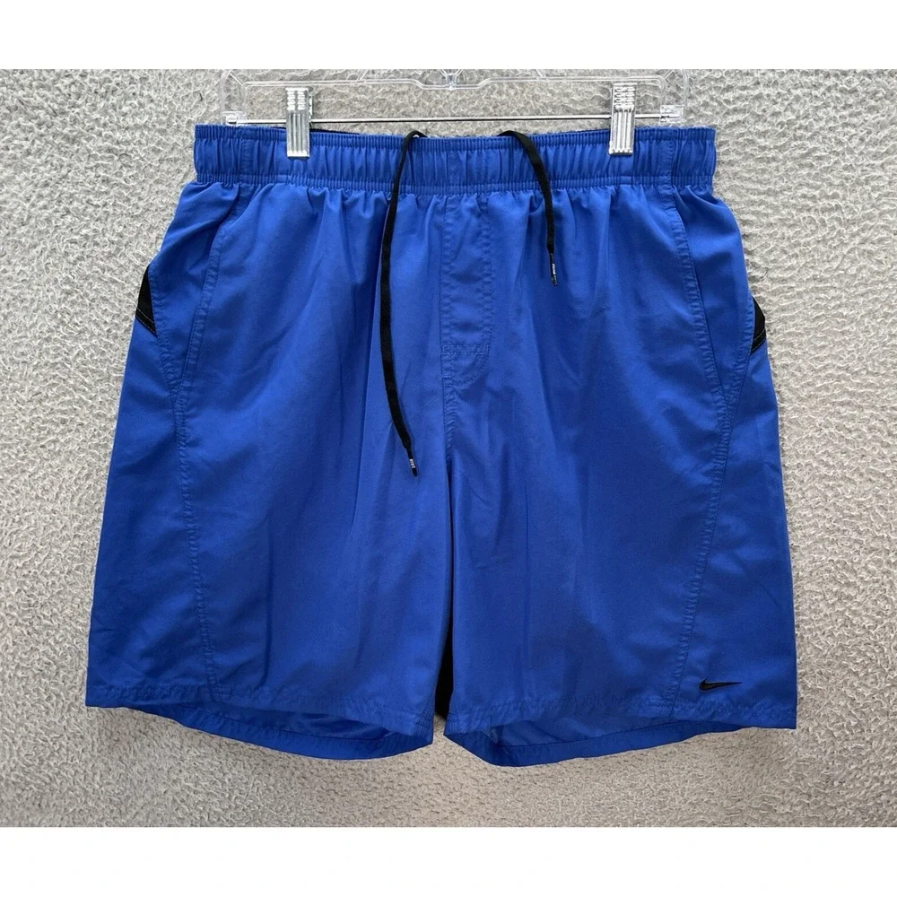 Nike Shorts Mens Large Blue Black‎ Swim Trunks Surfer Skater Small Swoosh Y2K